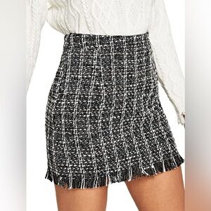 Black & White Tweed Mini Skirt with Fringe Hem – Size Small
